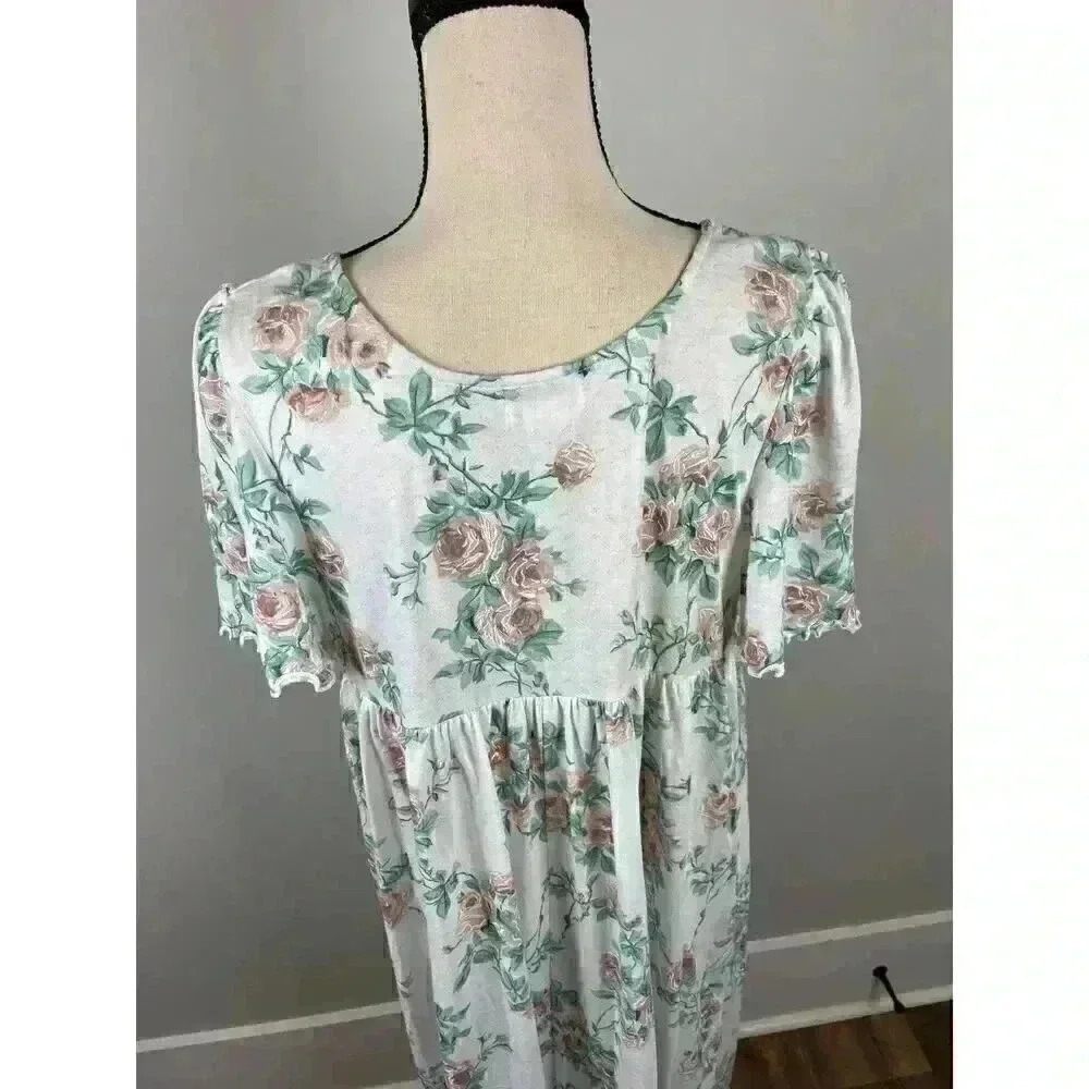 Vtg Barbizon Long Nightgown Short Sleeve Floral Ruffle Lace Cotton Blend M - Picture 10 of 14